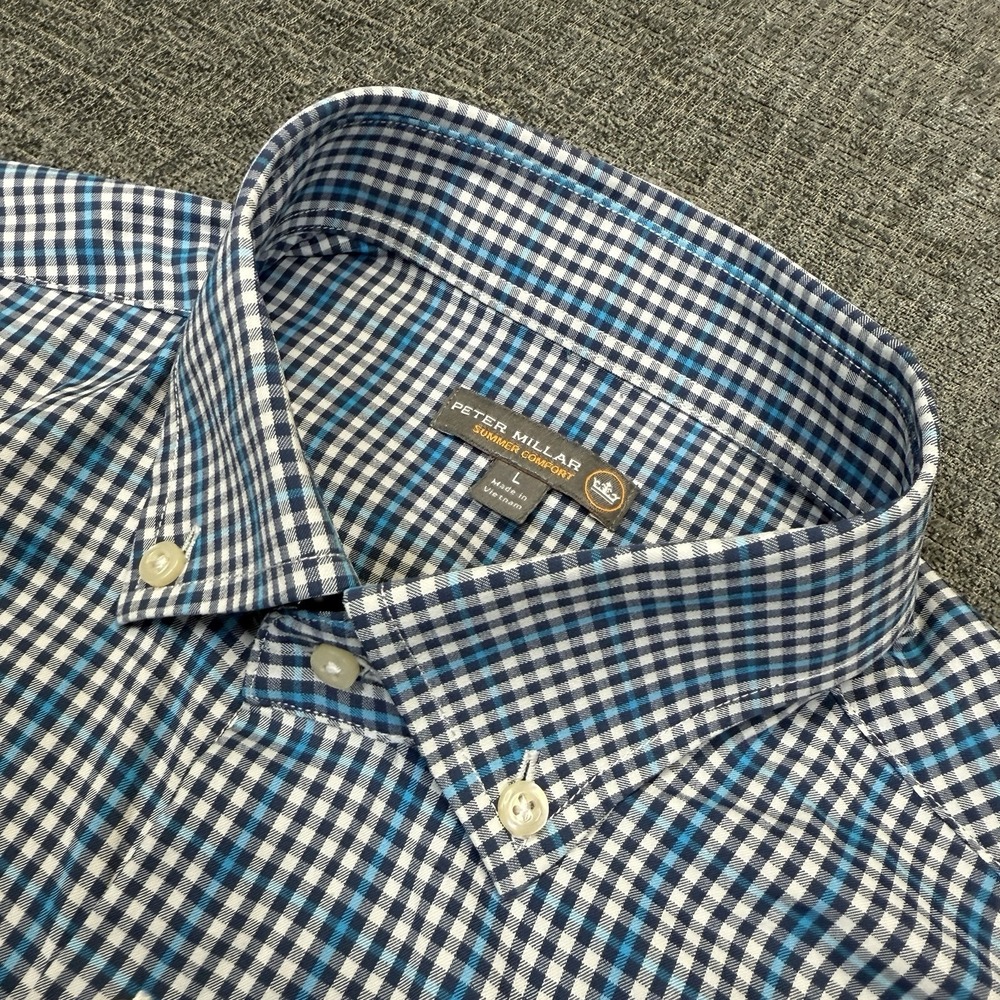 Peter Millar Button Shirt Men's Large Blue Plaid Summer Comfort Stretch Casual